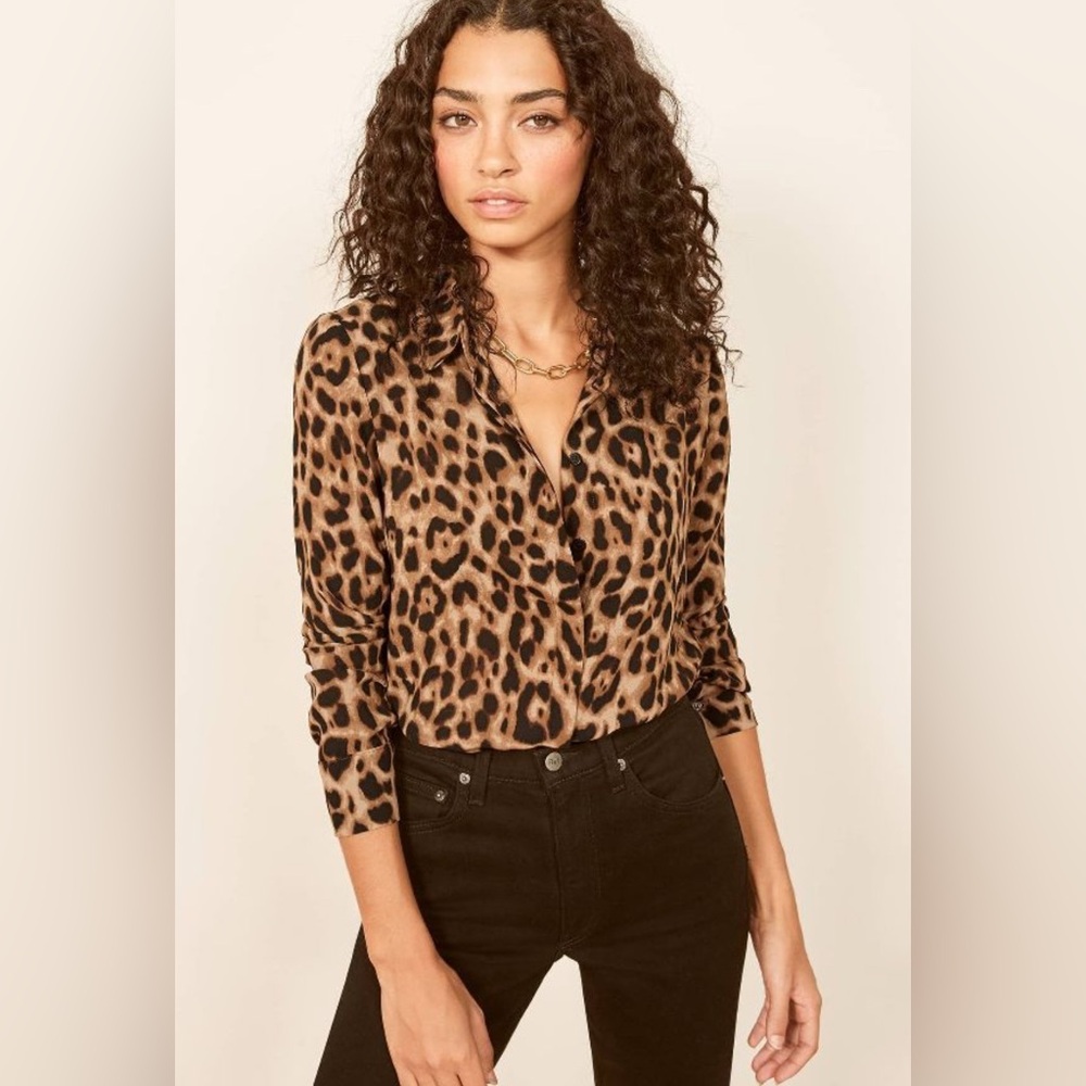 Reformation Black and Brown Button Down Shirt animal print size small